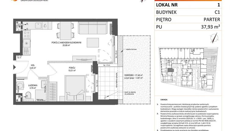Rzut - Mieszkanie na sprzedaż 2 pokoje o powierzchni 37,93 m² - numer 1 w Zajezdnia Motława bud. C1