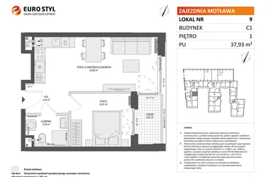 Rzut - Mieszkanie na sprzedaż 2 pokoje o powierzchni 37,93 m² - numer 9 w Zajezdnia Motława bud. C1