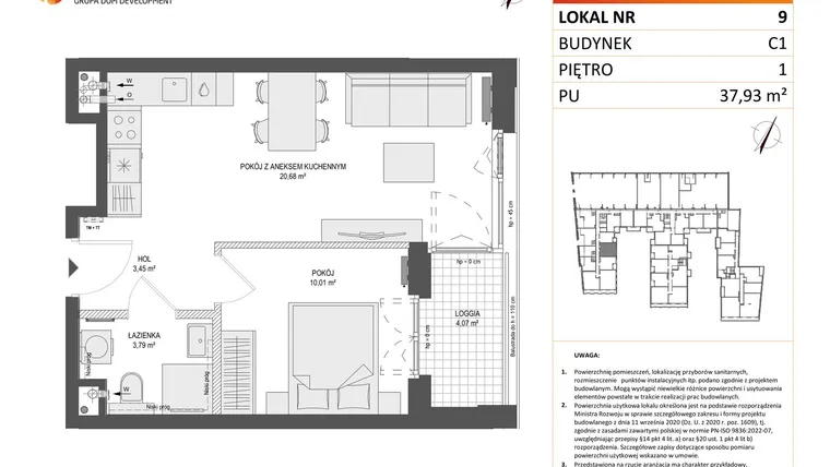 Rzut - Mieszkanie na sprzedaż 2 pokoje o powierzchni 37,93 m² - numer 9 w Zajezdnia Motława bud. C1