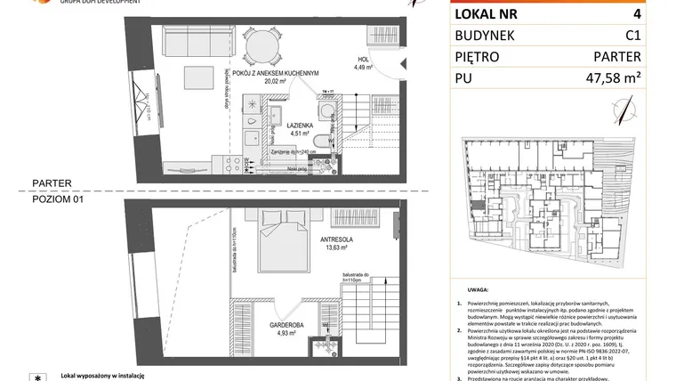 Rzut - Mieszkanie na sprzedaż 2 pokoje o powierzchni 47,58 m² - numer 4 w Zajezdnia Motława bud. C1