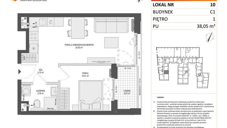 Rzut - Mieszkanie na sprzedaż 2 pokoje o powierzchni 38,05 m² - numer 10 w Zajezdnia Motława bud. C1