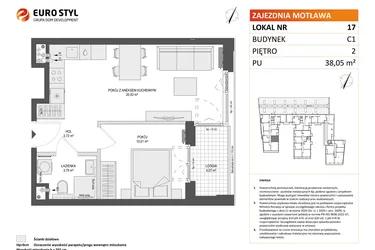 Rzut - Mieszkanie na sprzedaż 2 pokoje o powierzchni 38,05 m² - numer 17 w Zajezdnia Motława bud. C1