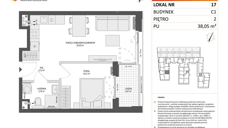 Rzut - Mieszkanie na sprzedaż 2 pokoje o powierzchni 38,05 m² - numer 17 w Zajezdnia Motława bud. C1