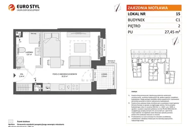 Rzut - Mieszkanie na sprzedaż 1 pokój o powierzchni 27,45 m² - numer 15 w Zajezdnia Motława bud. C1