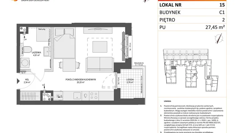 Rzut - Mieszkanie na sprzedaż 1 pokój o powierzchni 27,45 m² - numer 15 w Zajezdnia Motława bud. C1