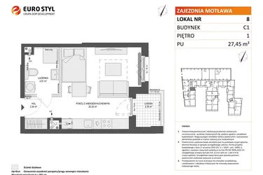 Rzut - Mieszkanie na sprzedaż 1 pokój o powierzchni 27,45 m² - numer 8 w Zajezdnia Motława bud. C1