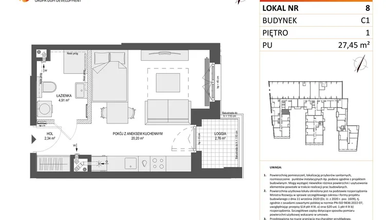 Rzut - Mieszkanie na sprzedaż 1 pokój o powierzchni 27,45 m² - numer 8 w Zajezdnia Motława bud. C1