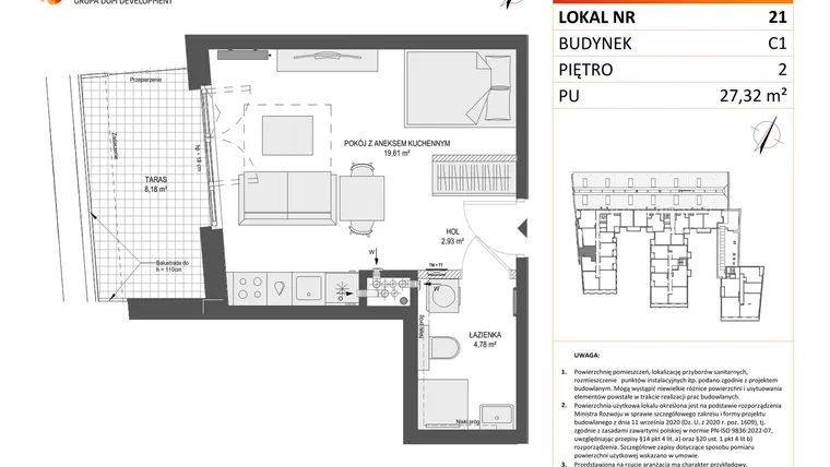 Rzut - Mieszkanie na sprzedaż 1 pokój o powierzchni 27,32 m² - numer 21 w Zajezdnia Motława bud. C1