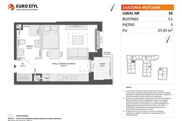 Rzut - Mieszkanie na sprzedaż 1 pokój o powierzchni 27,45 m² - numer 26 w Zajezdnia Motława bud. C1