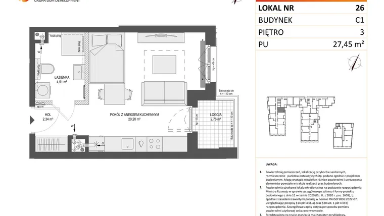 Rzut - Mieszkanie na sprzedaż 1 pokój o powierzchni 27,45 m² - numer 26 w Zajezdnia Motława bud. C1