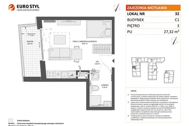 Rzut - Mieszkanie na sprzedaż 1 pokój o powierzchni 27,32 m² - numer 32 w Zajezdnia Motława bud. C1