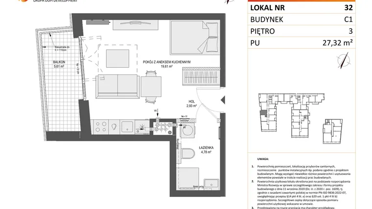 Rzut - Mieszkanie na sprzedaż 1 pokój o powierzchni 27,32 m² - numer 32 w Zajezdnia Motława bud. C1
