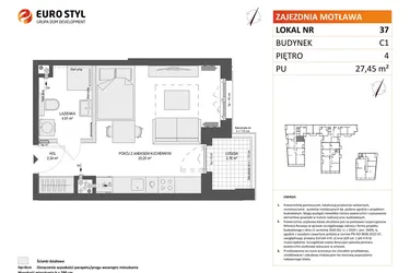 Rzut - Mieszkanie na sprzedaż 1 pokój o powierzchni 27,45 m² - numer 37 w Zajezdnia Motława bud. C1