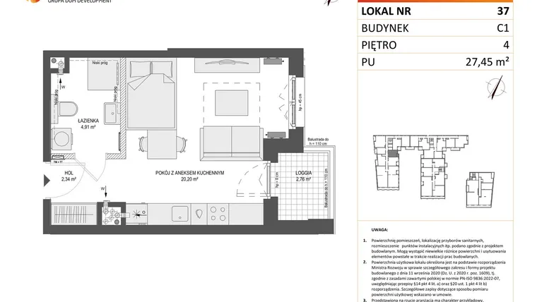 Rzut - Mieszkanie na sprzedaż 1 pokój o powierzchni 27,45 m² - numer 37 w Zajezdnia Motława bud. C1