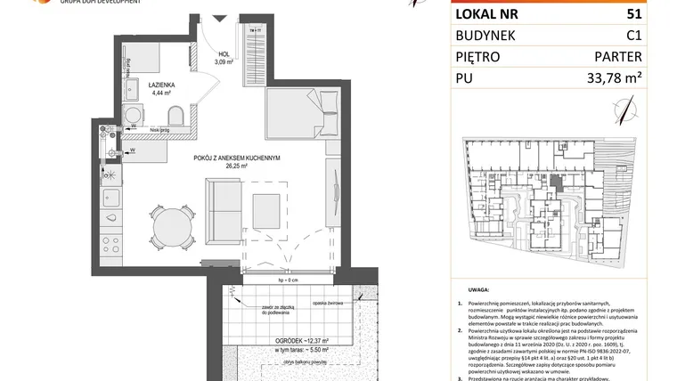 Rzut - Mieszkanie na sprzedaż 1 pokój o powierzchni 33,78 m² - numer 51 w Zajezdnia Motława bud. C1