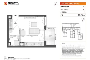 Rzut - Mieszkanie na sprzedaż 1 pokój o powierzchni 26,78 m² - numer 57 w Zajezdnia Motława bud. C1