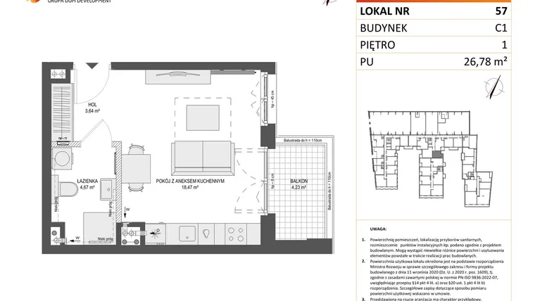 Rzut - Mieszkanie na sprzedaż 1 pokój o powierzchni 26,78 m² - numer 57 w Zajezdnia Motława bud. C1