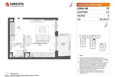 Rzut - Mieszkanie na sprzedaż 1 pokój o powierzchni 26,78 m² - numer 71 w Zajezdnia Motława bud. C1