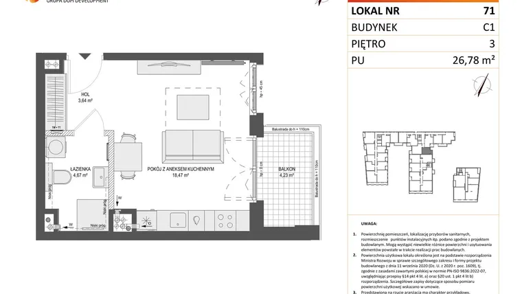 Rzut - Mieszkanie na sprzedaż 1 pokój o powierzchni 26,78 m² - numer 71 w Zajezdnia Motława bud. C1