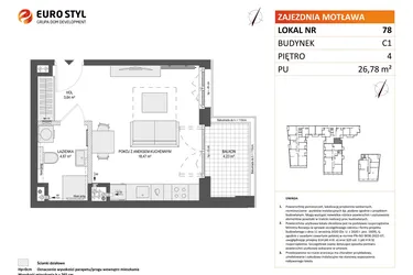 Rzut - Mieszkanie na sprzedaż 1 pokój o powierzchni 26,78 m² - numer 78 w Zajezdnia Motława bud. C1