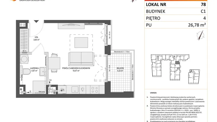 Rzut - Mieszkanie na sprzedaż 1 pokój o powierzchni 26,78 m² - numer 78 w Zajezdnia Motława bud. C1