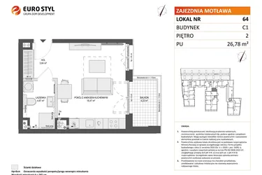 Rzut - Mieszkanie na sprzedaż 1 pokój o powierzchni 26,78 m² - numer 64 w Zajezdnia Motława bud. C1