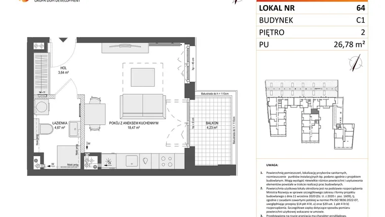 Rzut - Mieszkanie na sprzedaż 1 pokój o powierzchni 26,78 m² - numer 64 w Zajezdnia Motława bud. C1