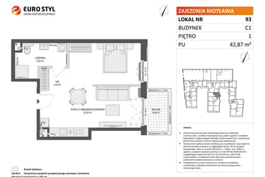 Rzut - Mieszkanie na sprzedaż 1 pokój o powierzchni 42,87 m² - numer 93 w Zajezdnia Motława bud. C1