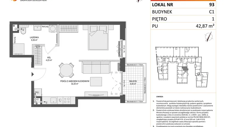 Rzut - Mieszkanie na sprzedaż 1 pokój o powierzchni 42,87 m² - numer 93 w Zajezdnia Motława bud. C1