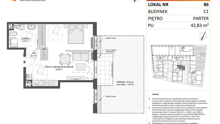 Rzut - Mieszkanie na sprzedaż 1 pokój o powierzchni 42,83 m² - numer 86 w Zajezdnia Motława bud. C1