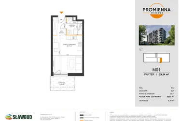 Rzut - Mieszkanie na sprzedaż 1 pokój o powierzchni 29,54 m² - numer 1 w Osiedle Promienna
