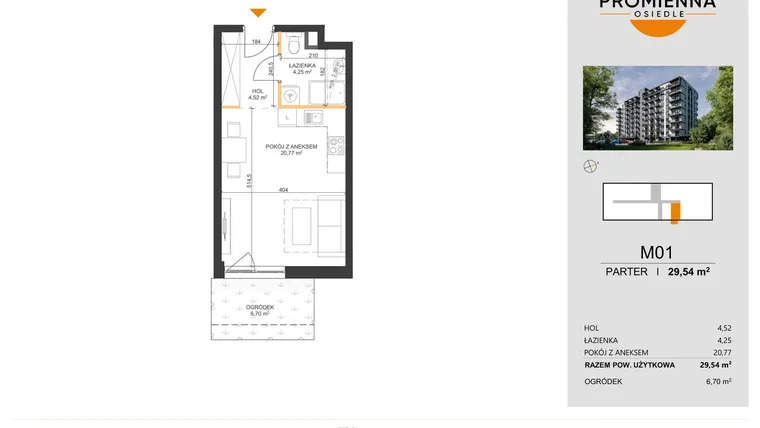 Rzut - Mieszkanie na sprzedaż 1 pokój o powierzchni 29,54 m² - numer 1 w Osiedle Promienna