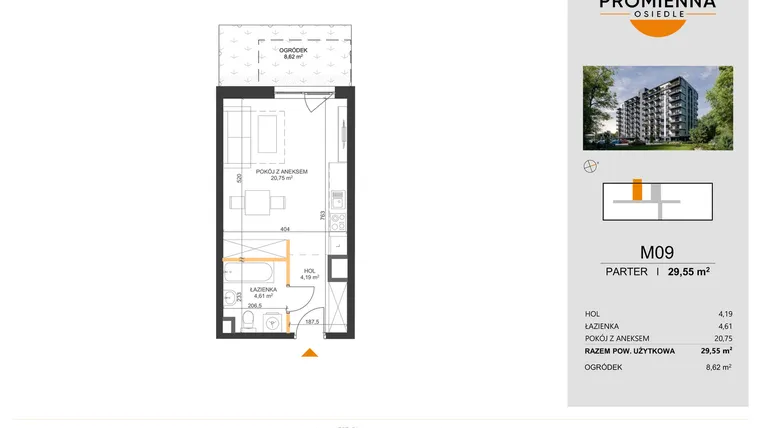 Rzut - Mieszkanie na sprzedaż 1 pokój o powierzchni 29,55 m² - numer 9 w Osiedle Promienna