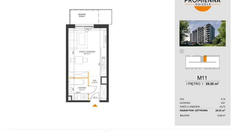 Rzut - Mieszkanie na sprzedaż 1 pokój o powierzchni 29,55 m² - numer 11 w Osiedle Promienna