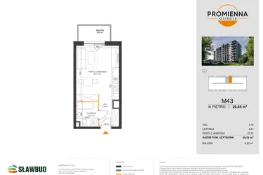 Rzut - Mieszkanie na sprzedaż 1 pokój o powierzchni 29,55 m² - numer 43 w Osiedle Promienna