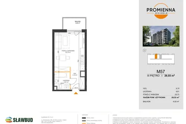 Rzut - Mieszkanie na sprzedaż 1 pokój o powierzchni 29,55 m² - numer 57 w Osiedle Promienna