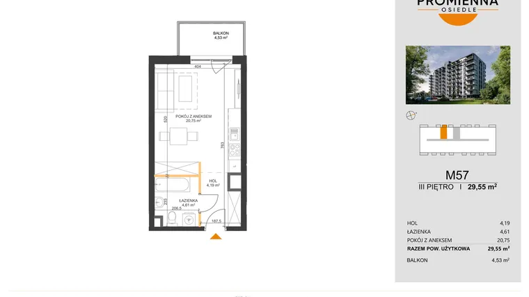 Rzut - Mieszkanie na sprzedaż 1 pokój o powierzchni 29,55 m² - numer 57 w Osiedle Promienna