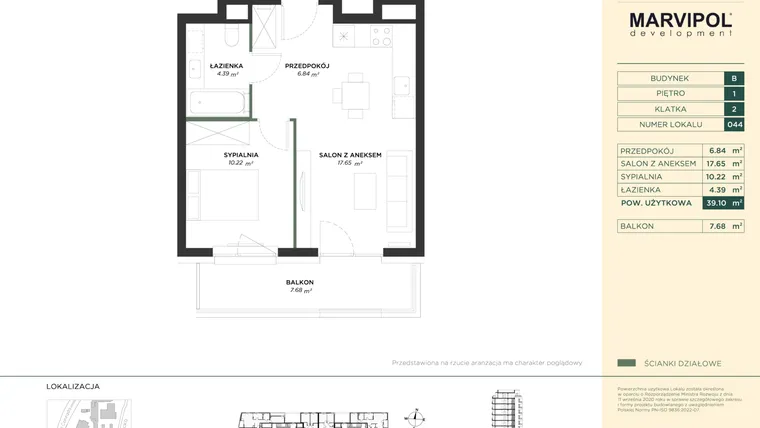 Rzut - Mieszkanie na sprzedaż 2 pokoje o powierzchni 39,1 m² - numer B044 w CONRADA 28