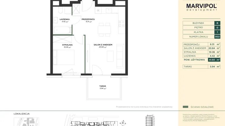 Rzut - Mieszkanie na sprzedaż 2 pokoje o powierzchni 41,93 m² - numer B002 w CONRADA 28