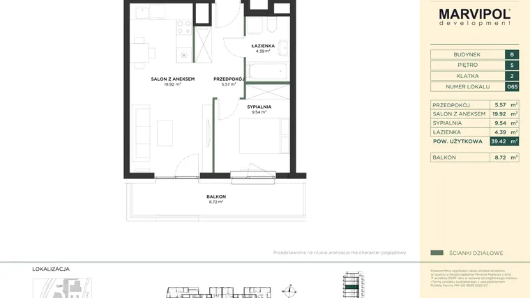 Rzut - Mieszkanie na sprzedaż 2 pokoje o powierzchni 39,42 m² - numer B065 w CONRADA 28
