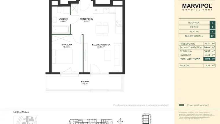 Rzut - Mieszkanie na sprzedaż 2 pokoje o powierzchni 41,93 m² - numer B011 w CONRADA 28