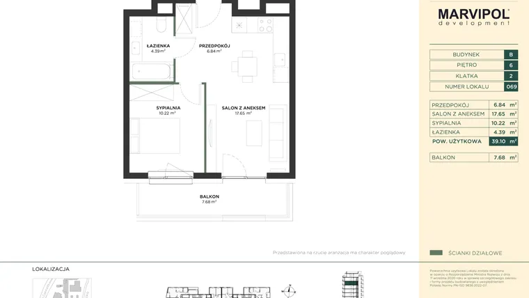 Rzut - Mieszkanie na sprzedaż 2 pokoje o powierzchni 39,1 m² - numer B069 w CONRADA 28