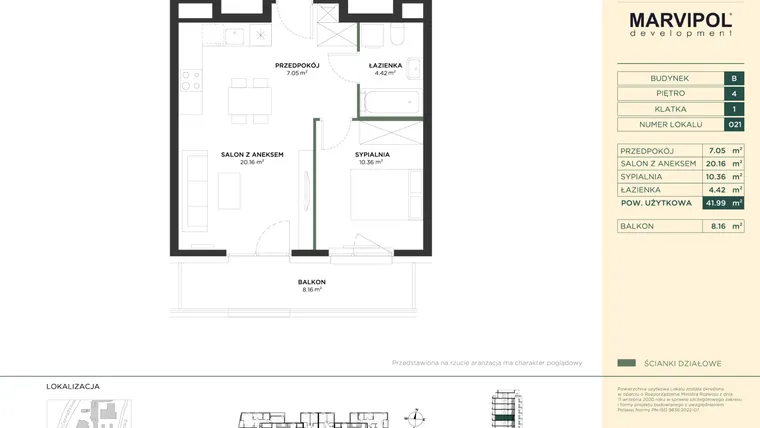Rzut - Mieszkanie na sprzedaż 2 pokoje o powierzchni 41,99 m² - numer B021 w CONRADA 28