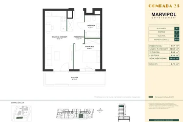 Rzut - Mieszkanie na sprzedaż 2 pokoje o powierzchni 39,42 m² - numer B075 w CONRADA 28