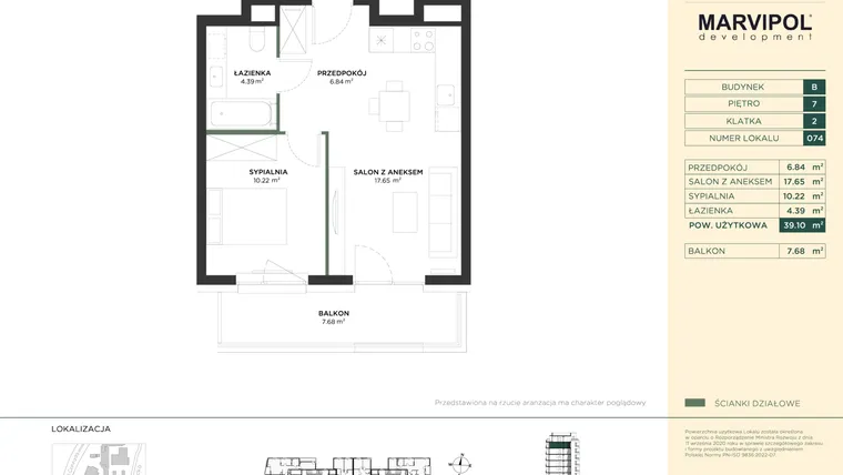 Rzut - Mieszkanie na sprzedaż 2 pokoje o powierzchni 39,1 m² - numer B074 w CONRADA 28