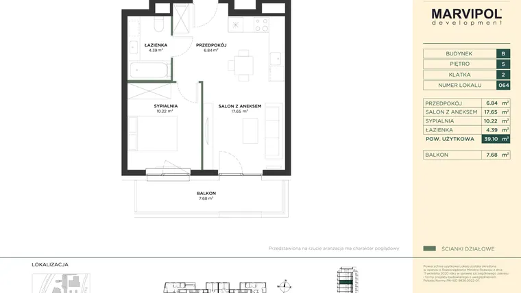 Rzut - Mieszkanie na sprzedaż 2 pokoje o powierzchni 39,1 m² - numer B064 w CONRADA 28