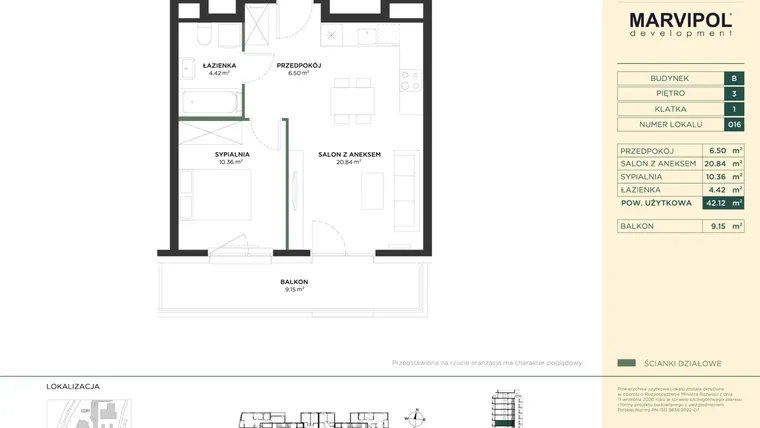 Rzut - Mieszkanie na sprzedaż 2 pokoje o powierzchni 42,12 m² - numer B016 w CONRADA 28