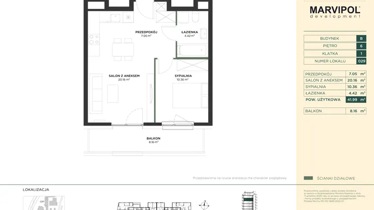 Rzut - Mieszkanie na sprzedaż 2 pokoje o powierzchni 41,99 m² - numer B029 w CONRADA 28