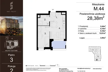 Rzut - Mieszkanie na sprzedaż 2 pokoje o powierzchni 28,38 m² - numer M.44 w Sky Trust etap III