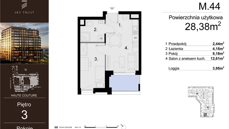 Rzut - Mieszkanie na sprzedaż 2 pokoje o powierzchni 28,38 m² - numer M.44 w Sky Trust etap III